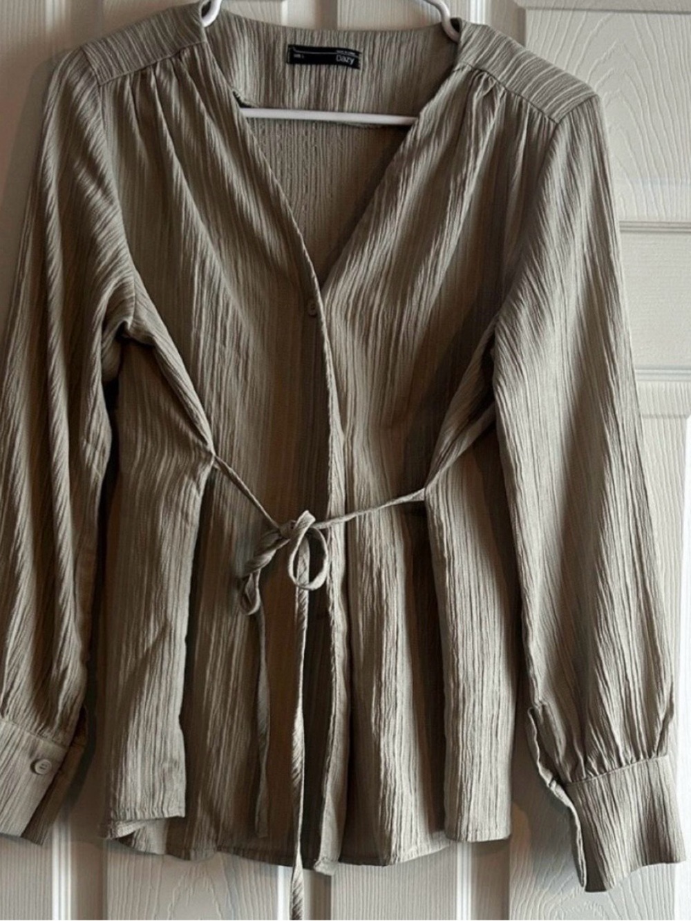 Gray Long-Sleeve Tie-Waist Pleated Blouse Dress